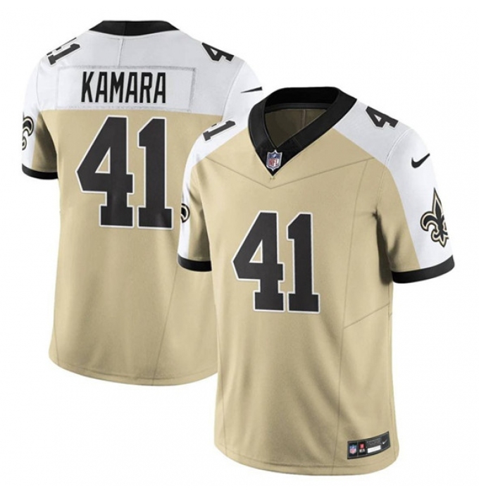 Men's New Orleans Saints #41 Alvin Kamara Gold White Alternate 2025 F.U.S.E. Vapor Limited Football Stitched Jersey
