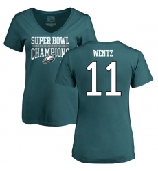 Women's Nike Philadelphia Eagles #11 Carson Wentz Green Super Bowl LII Champions V-Neck T-Shirt