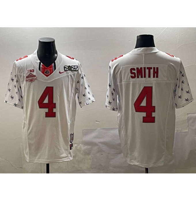 Men's Ohio State Buckeyes #4 Jeremiah Smith White 2025 CFP Final With National Champions F.U.S.E. Vapor Limited Stitched Football Jersey