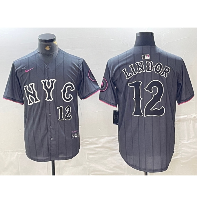 Men's New York Mets #12 Francisco Lindor Number Grey 2024 City Connect Cool Base Stitched Jersey