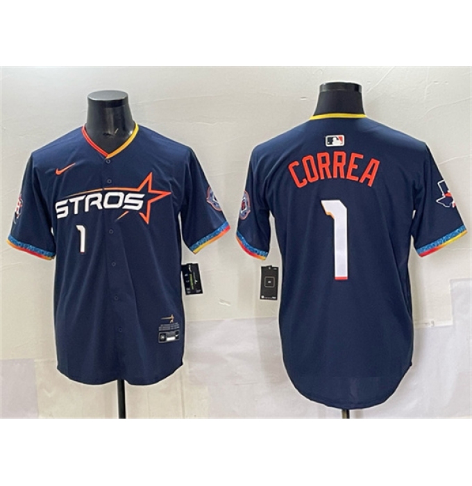 Men's Houston Astros #1 Carlos Correa Navy 2025 City Connect With Texas Limited Stitched Baseball Jersey
