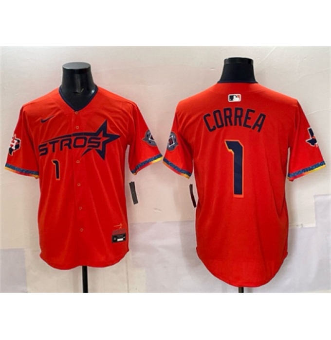 Men's Houston Astros #1 Carlos Correa Orange 2025 City Connect With Texas Limited Stitched Baseball Jersey