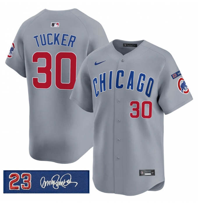 Men's Chicago Cubs #30 Kyle Tucker Gray 'Ryne Sandberg Tribute' Vapor Limited V3 Stitched Baseball Jersey