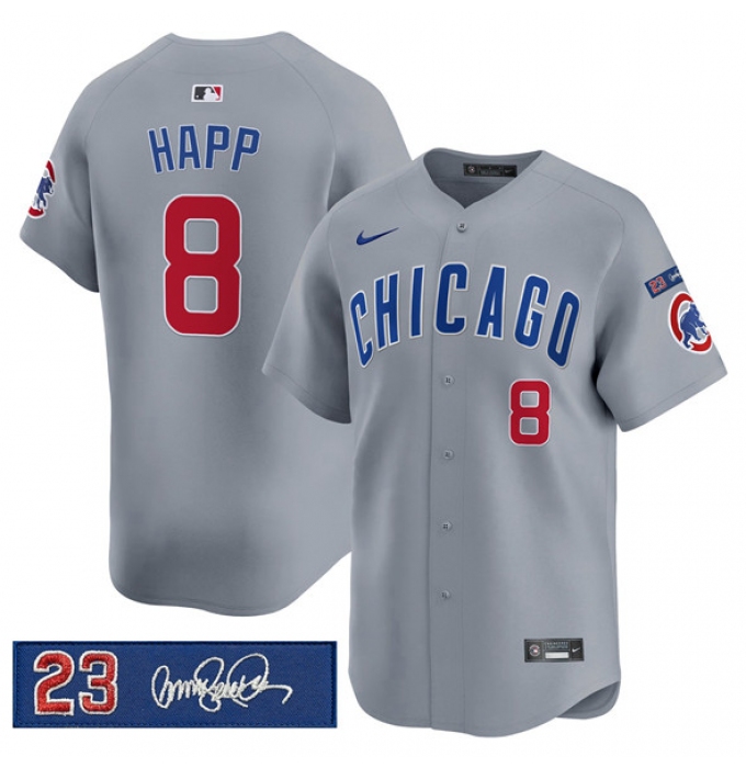 Men's Chicago Cubs #8 lan Happ Gray 'Ryne Sandberg Tribute' Vapor Limited V3 Stitched Baseball Jersey