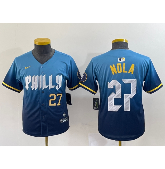 Women's Philadelphia Phillies #27 Aaron Nola Blue 2024 City Connect Limited Stitched Jerseys