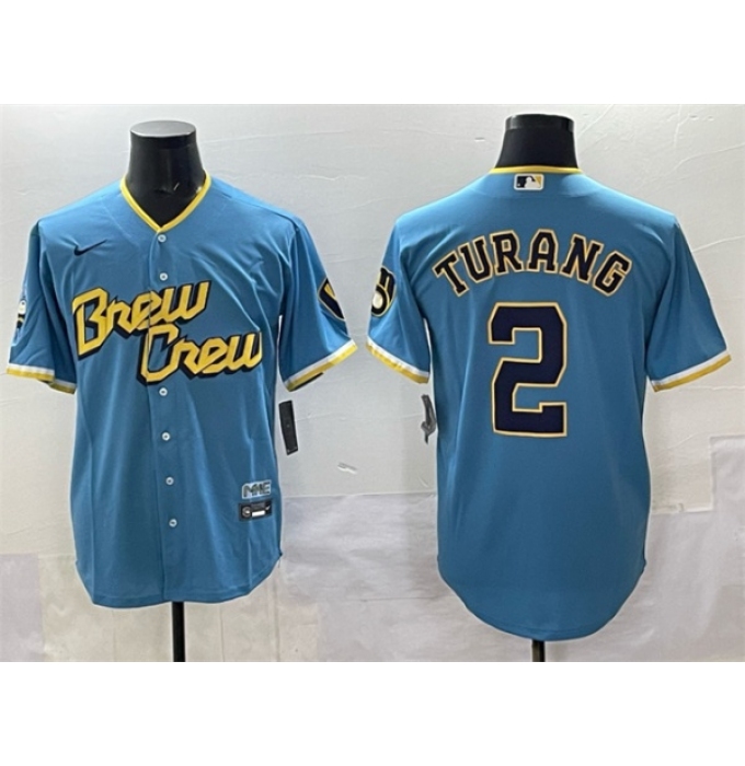 Men's Milwaukee Brewers #2 Brice Turang Powder Blue City Connect Cool Base Stitched Jersey