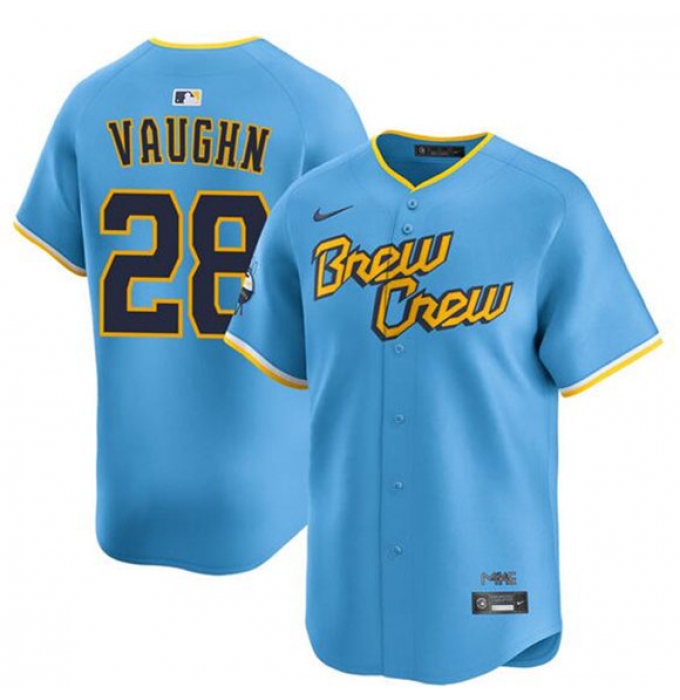 Men's Milwaukee Brewers #28 Andrew Vaughn Powder Blue City Connect Limited Stitched Baseball Jersey