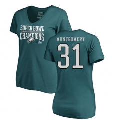 Women's Nike Philadelphia Eagles #31 Wilbert Montgomery Green Super Bowl LII Champions V-Neck T-Shirt
