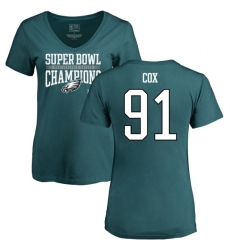 Women's Nike Philadelphia Eagles #91 Fletcher Cox Green Super Bowl LII Champions V-Neck T-Shirt